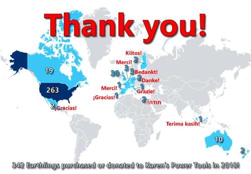 Map: 342 Earthlings purchased or donated to Karen's Power Tools in 2018!