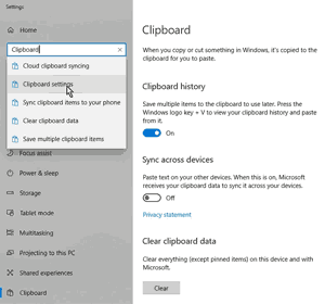 Windows 10 Clipboard History settings screenshot