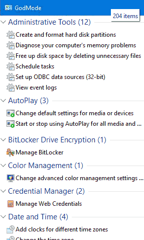 Windows GodMode folder screenshot