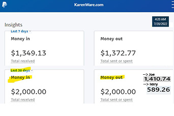 paypal activity screens showing $2000 received